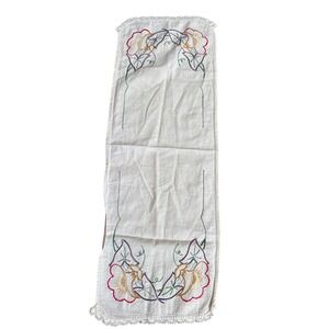 Vintage Hand Embroidered Floral Linen Table Runner White Lace Trim 32x11 1061